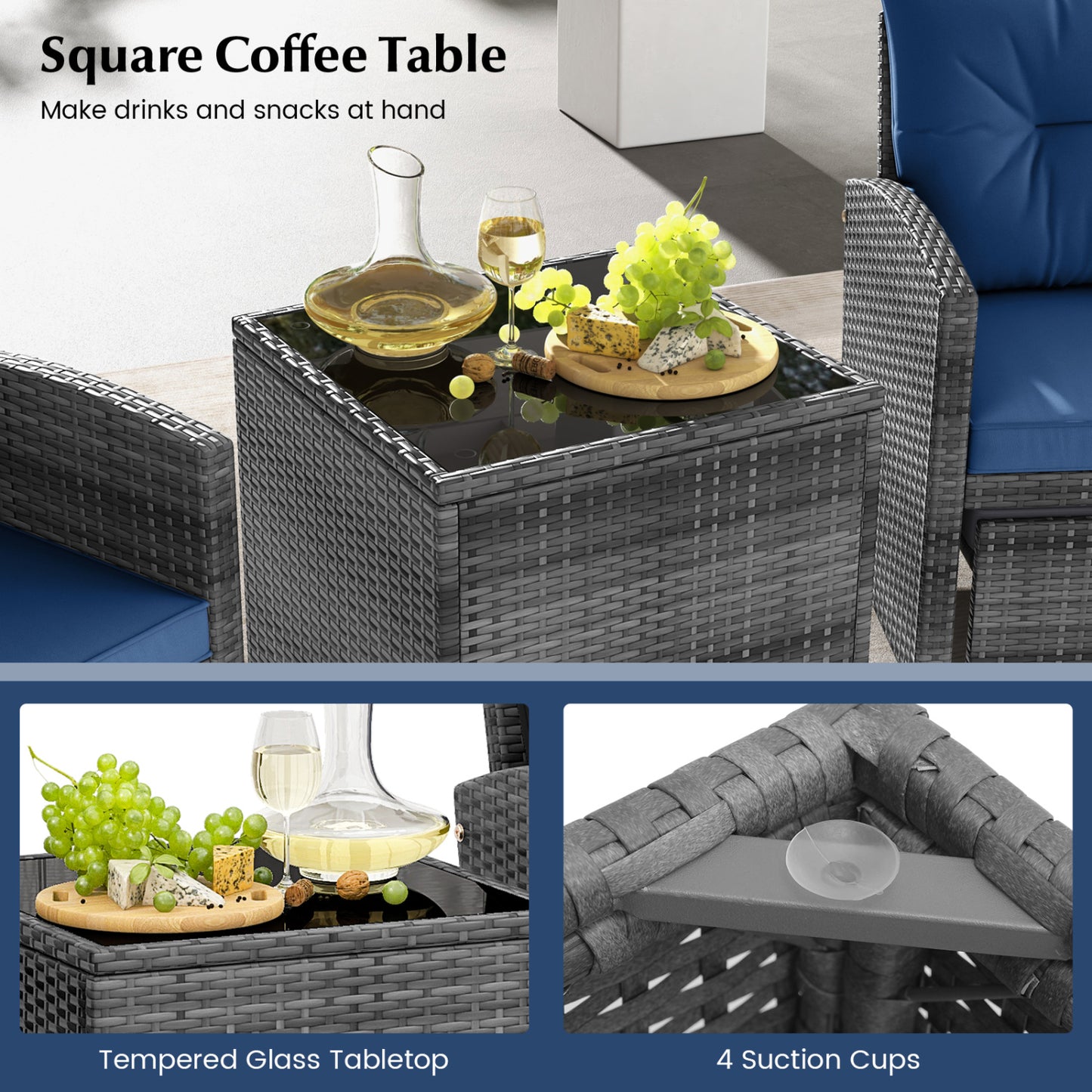 5 Piece Patio Rattan Furniture with 2 Ottomans and Tempered Glass Coffee Table
