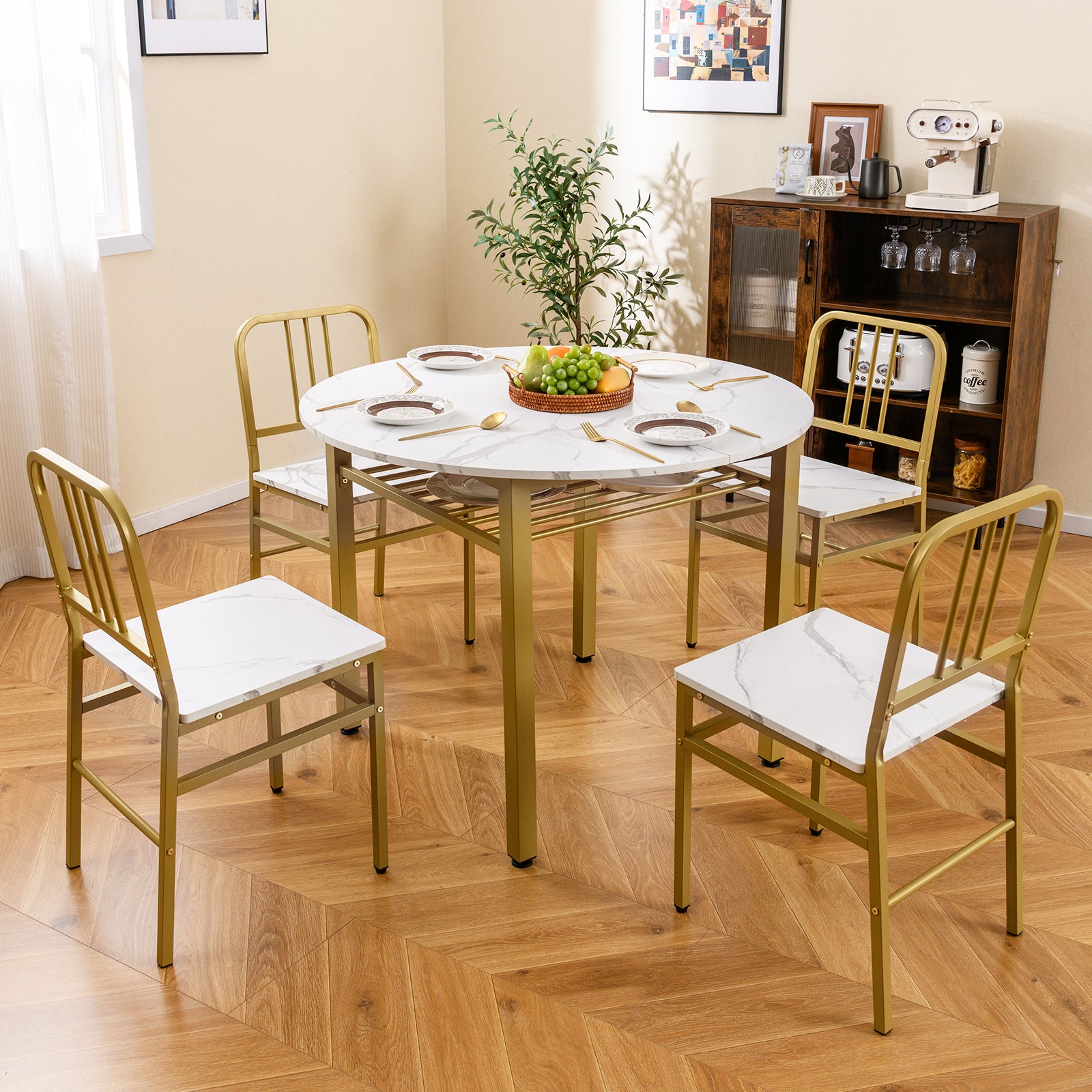 5-Piece Round Dining Table Set with Storage Shelf for Dining Room-White