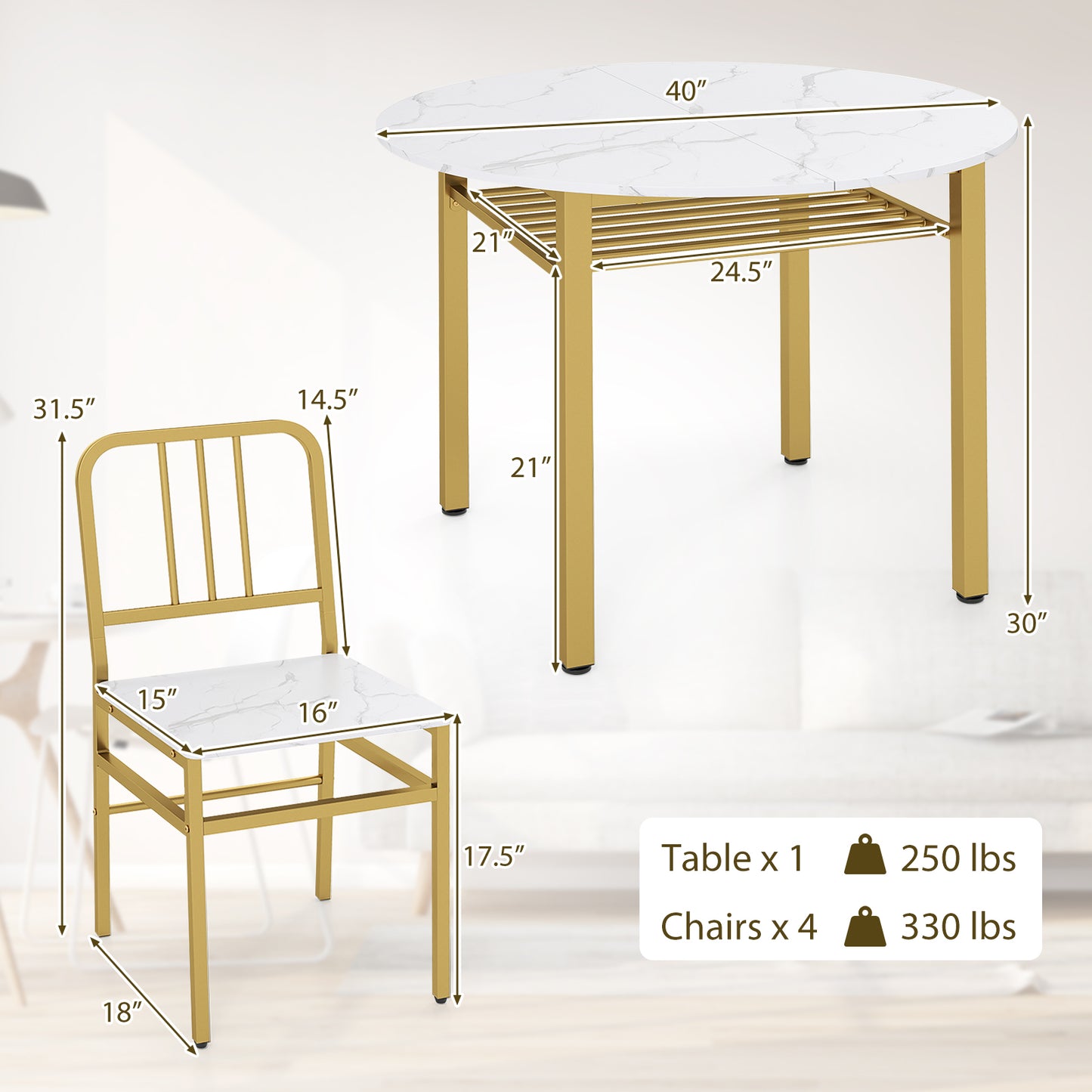 5-Piece Round Dining Table Set with Storage Shelf for Dining Room-White