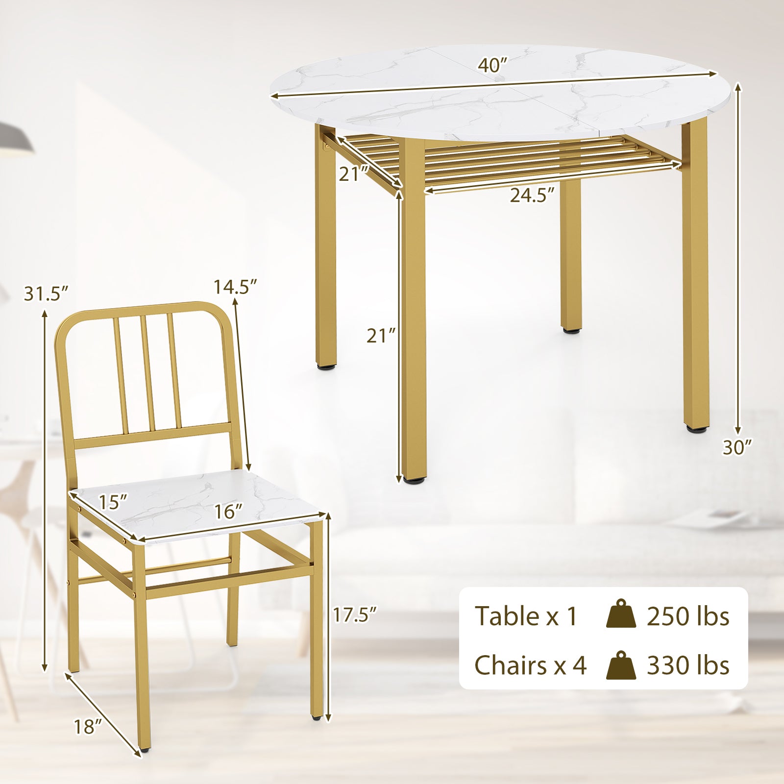 5-Piece Round Dining Table Set with Storage Shelf for Dining Room-White