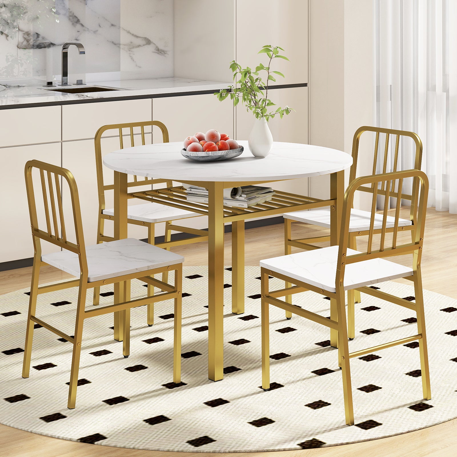 5-Piece Round Dining Table Set with Storage Shelf for Dining Room-White