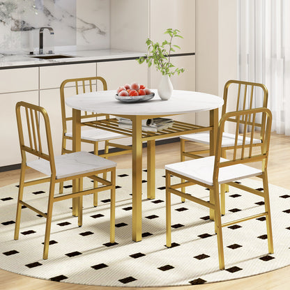 5-Piece Round Dining Table Set with Storage Shelf for Dining Room-White