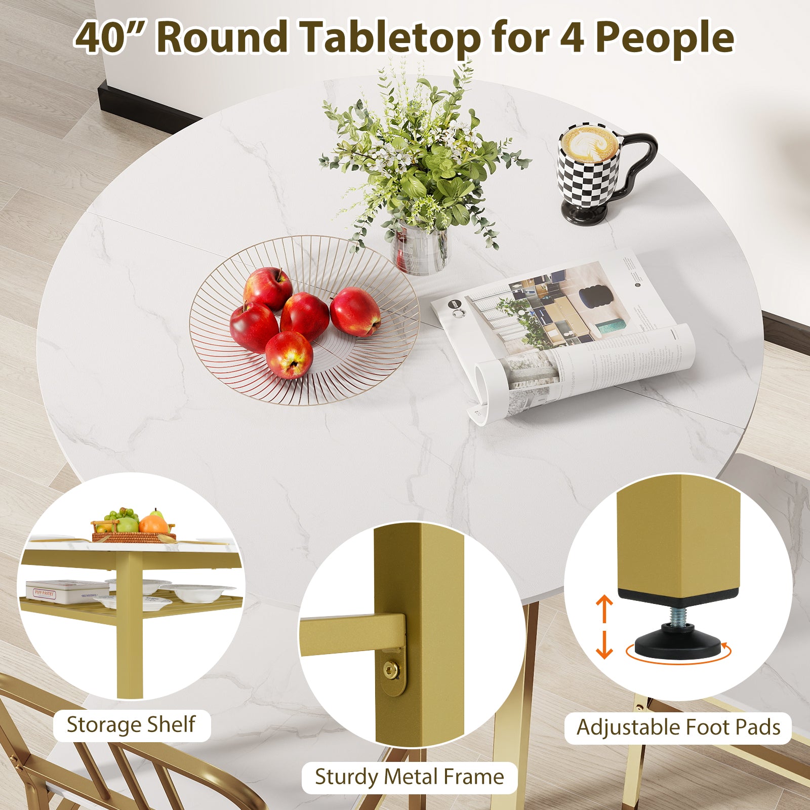 5-Piece Round Dining Table Set with Storage Shelf for Dining Room-White