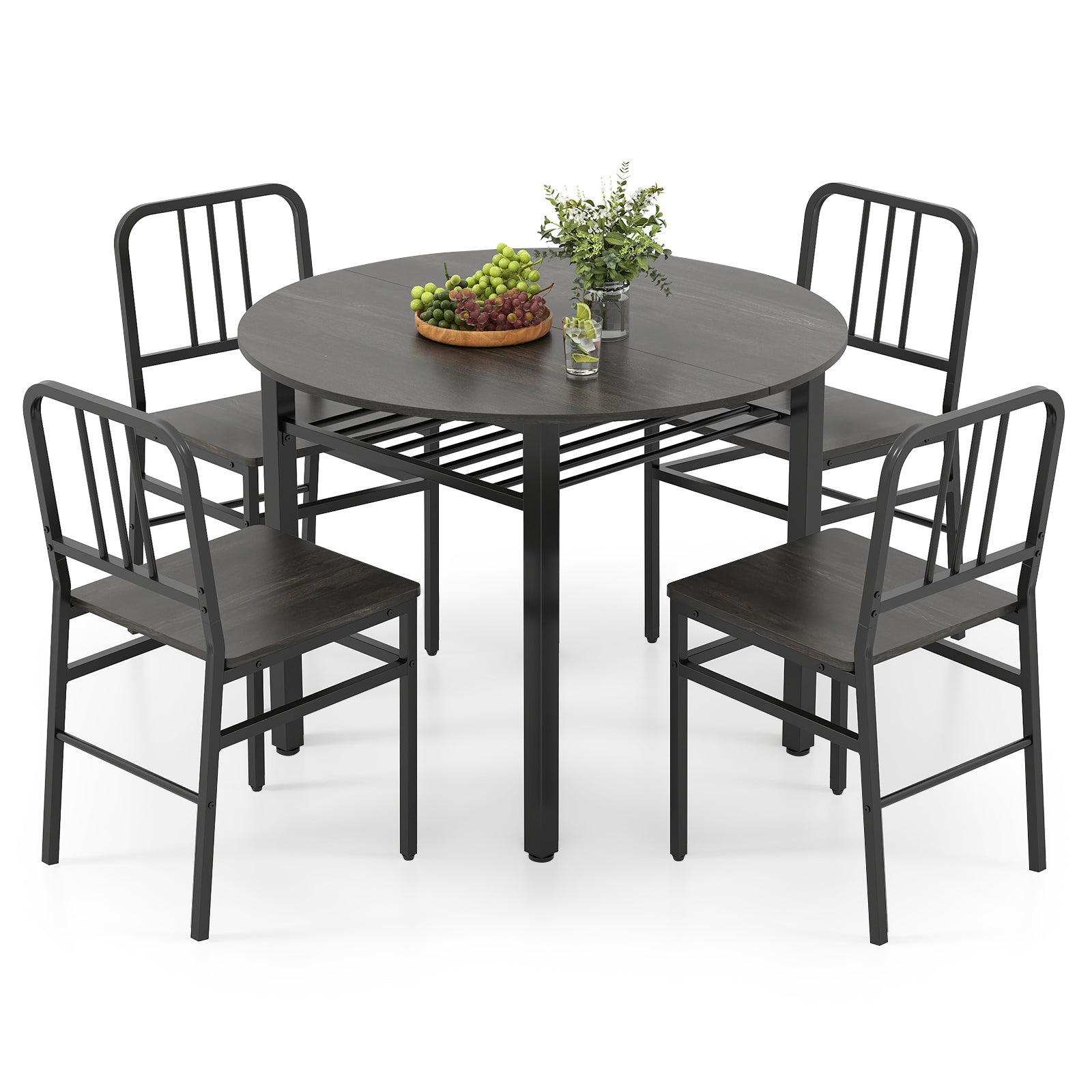 5-Piece Round Dining Table Set with Storage Shelf for Dining Room-Gray