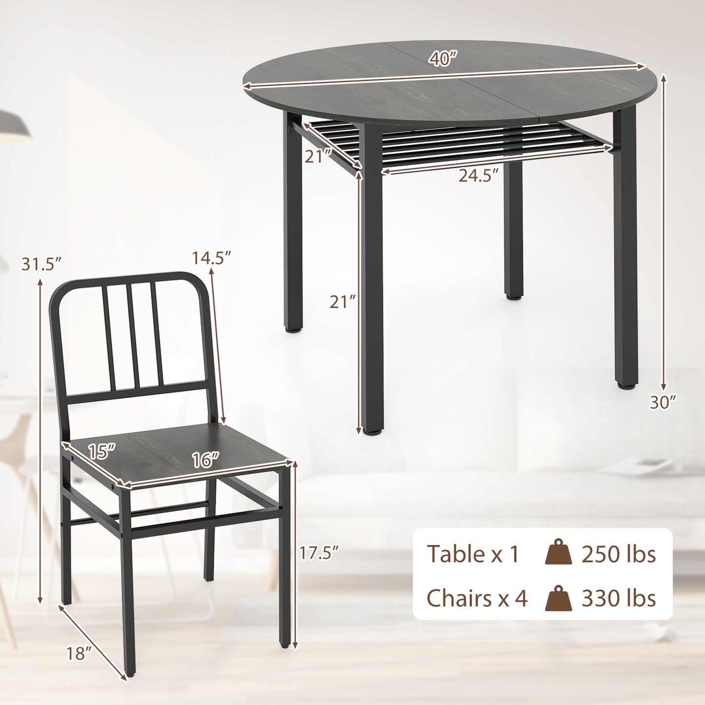 5-Piece Round Dining Table Set with Storage Shelf for Dining Room-Gray