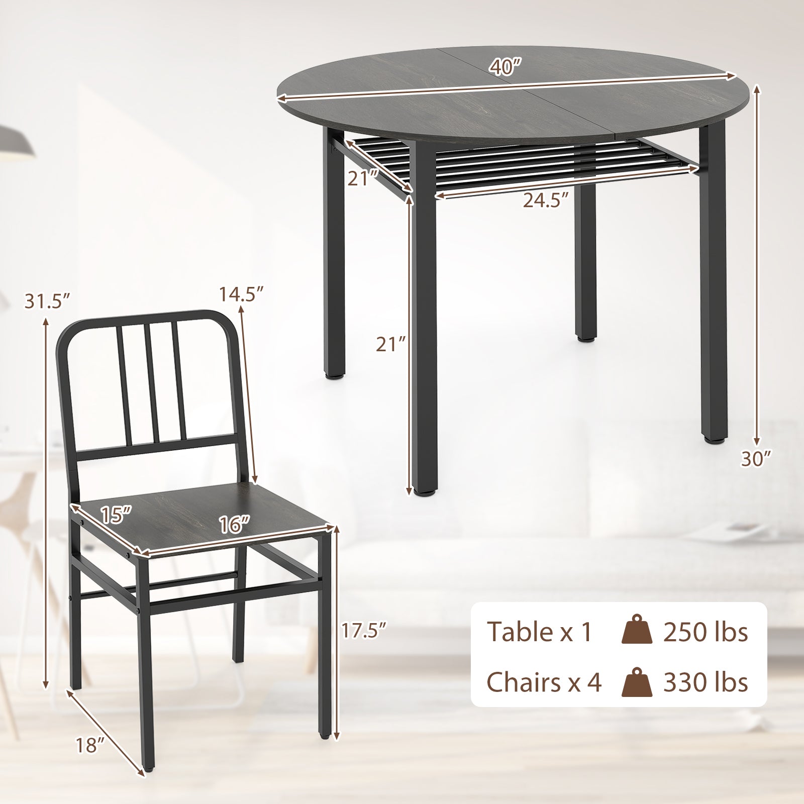 5-Piece Round Dining Table Set with Storage Shelf for Dining Room-Gray