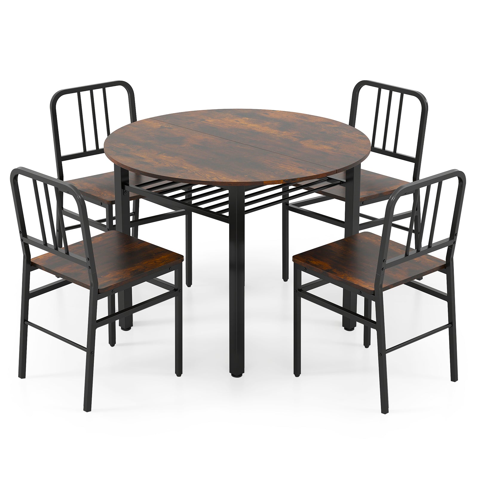 5-Piece Round Dining Table Set with Storage Shelf for Dining Room-Rustic Brown