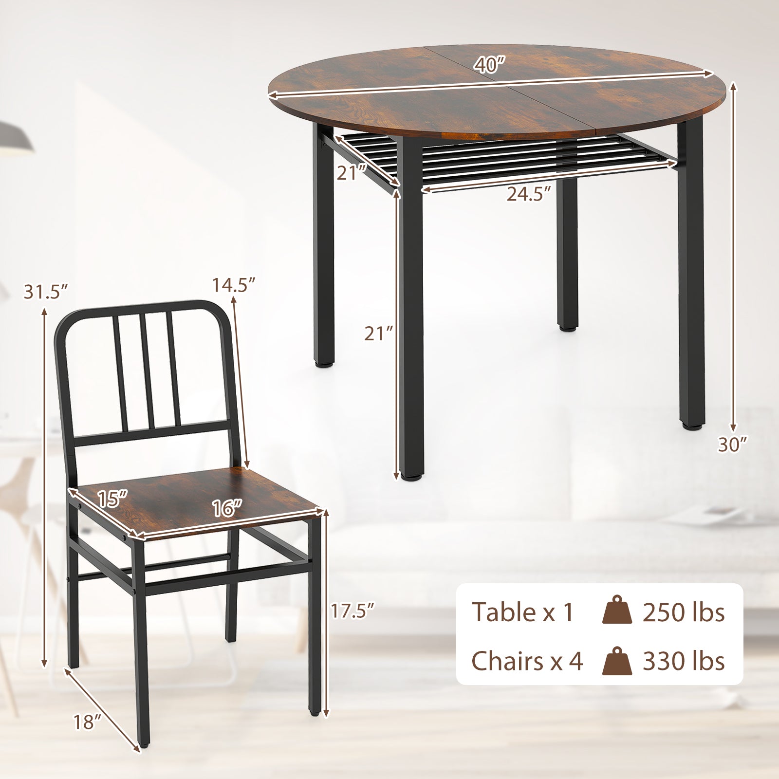 5-Piece Round Dining Table Set with Storage Shelf for Dining Room-Rustic Brown