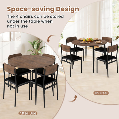 5-Piece Round Kitchen Table Set with Drop Leaf Tabletop and 4 Upholstered Dining Chairs-Brown