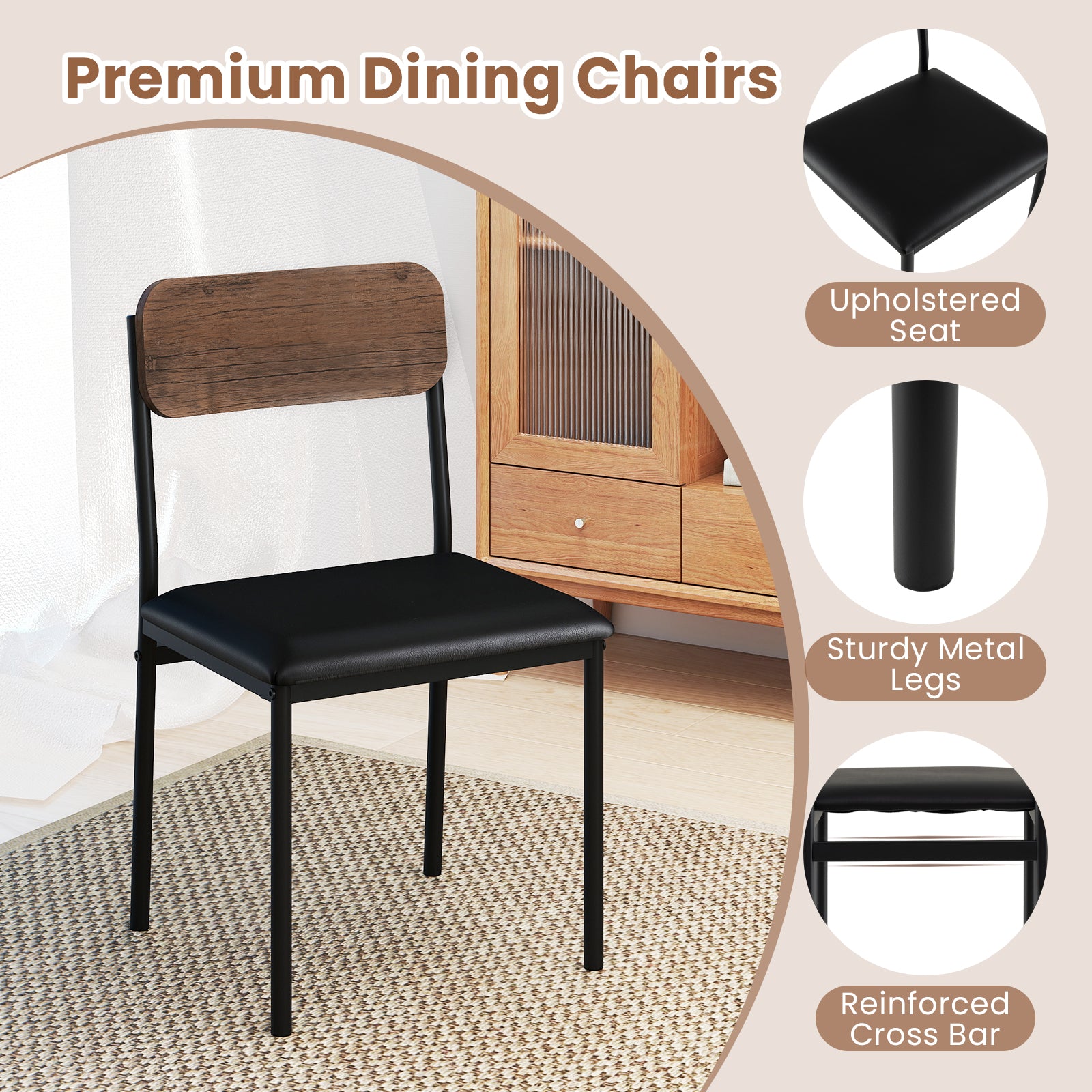 5-Piece Round Kitchen Table Set with Drop Leaf Tabletop and 4 Upholstered Dining Chairs-Brown