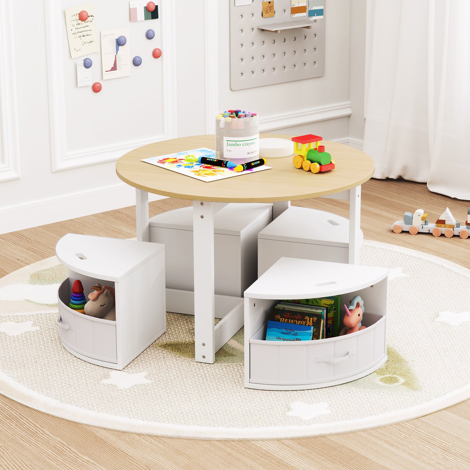 5 Piece Toddler Round Nesting Table with 4 Storage Stools for Activity-Natural