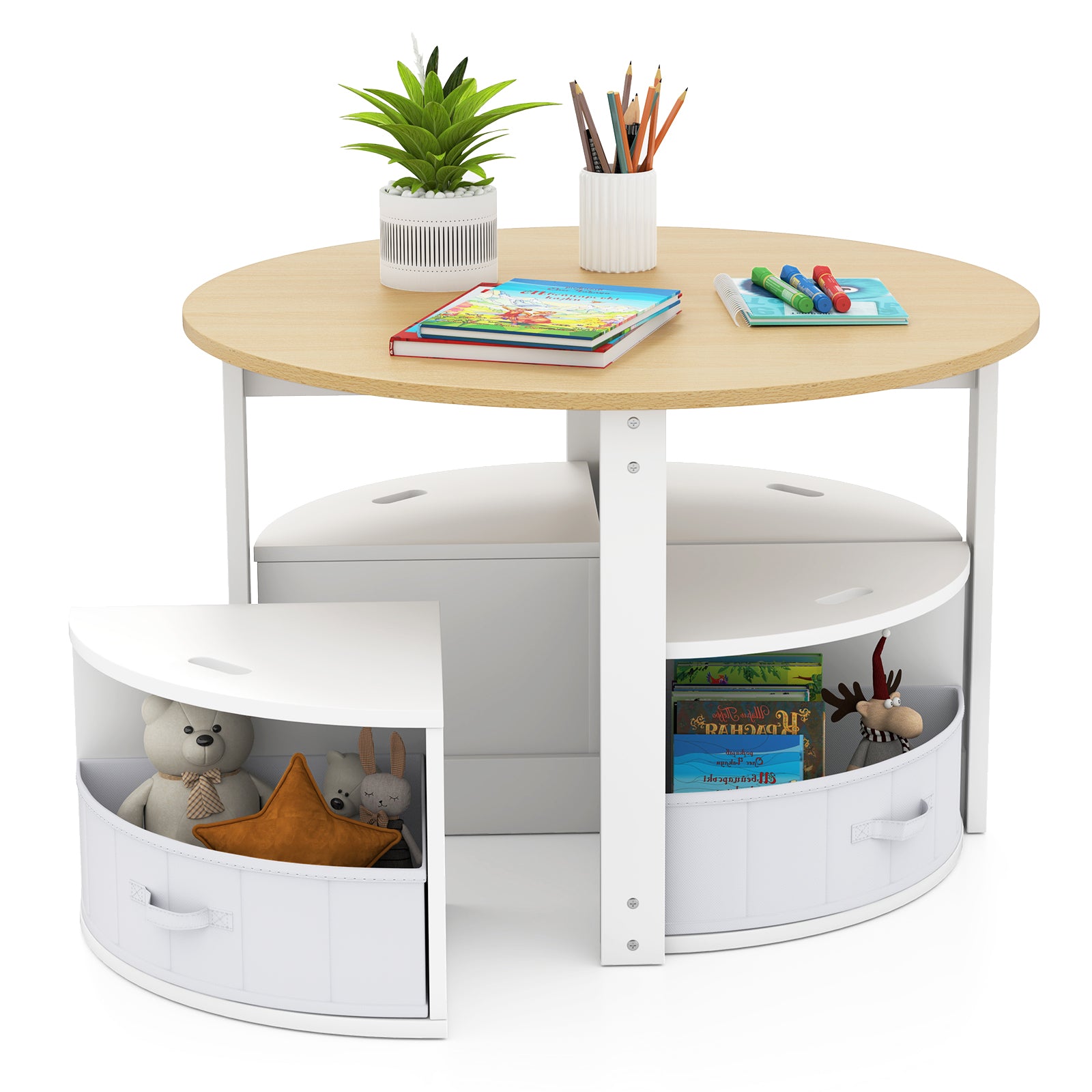 5 Piece Toddler Round Nesting Table with 4 Storage Stools for Activity-Natural