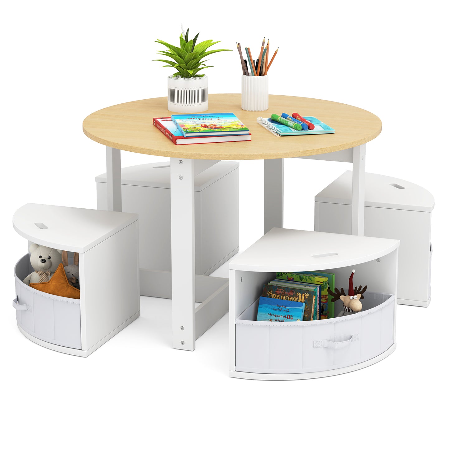 5 Piece Toddler Round Nesting Table with 4 Storage Stools for Activity-Natural