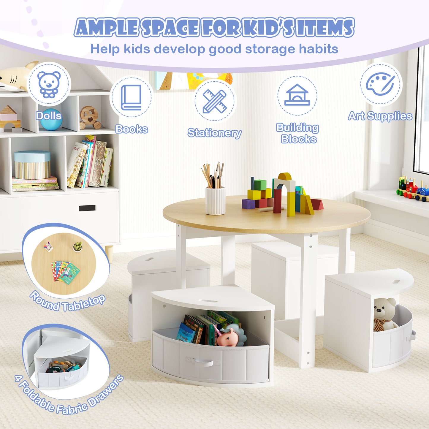 5 Piece Toddler Round Nesting Table with 4 Storage Stools for Activity-Natural