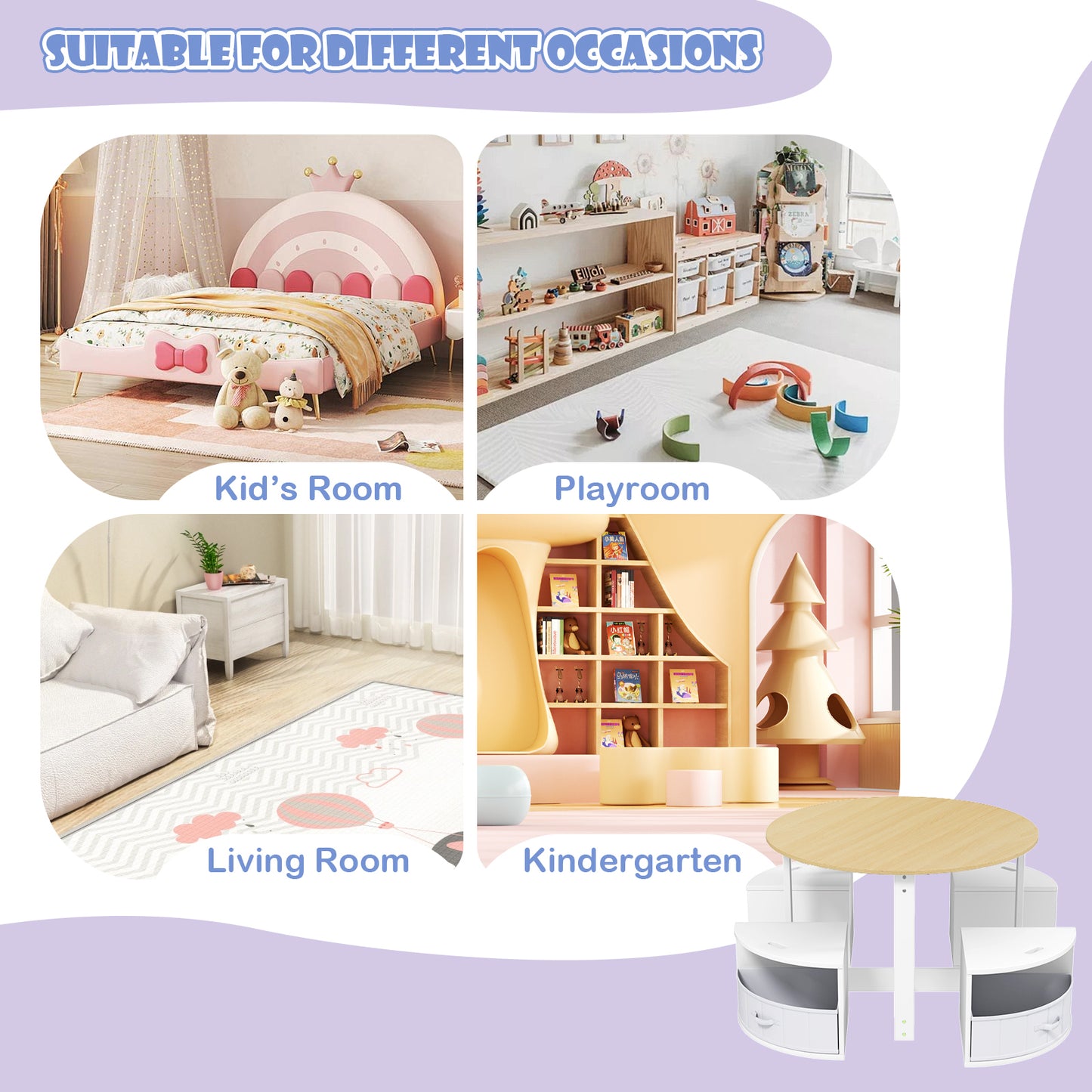 5 Piece Toddler Round Nesting Table with 4 Storage Stools for Activity-Natural
