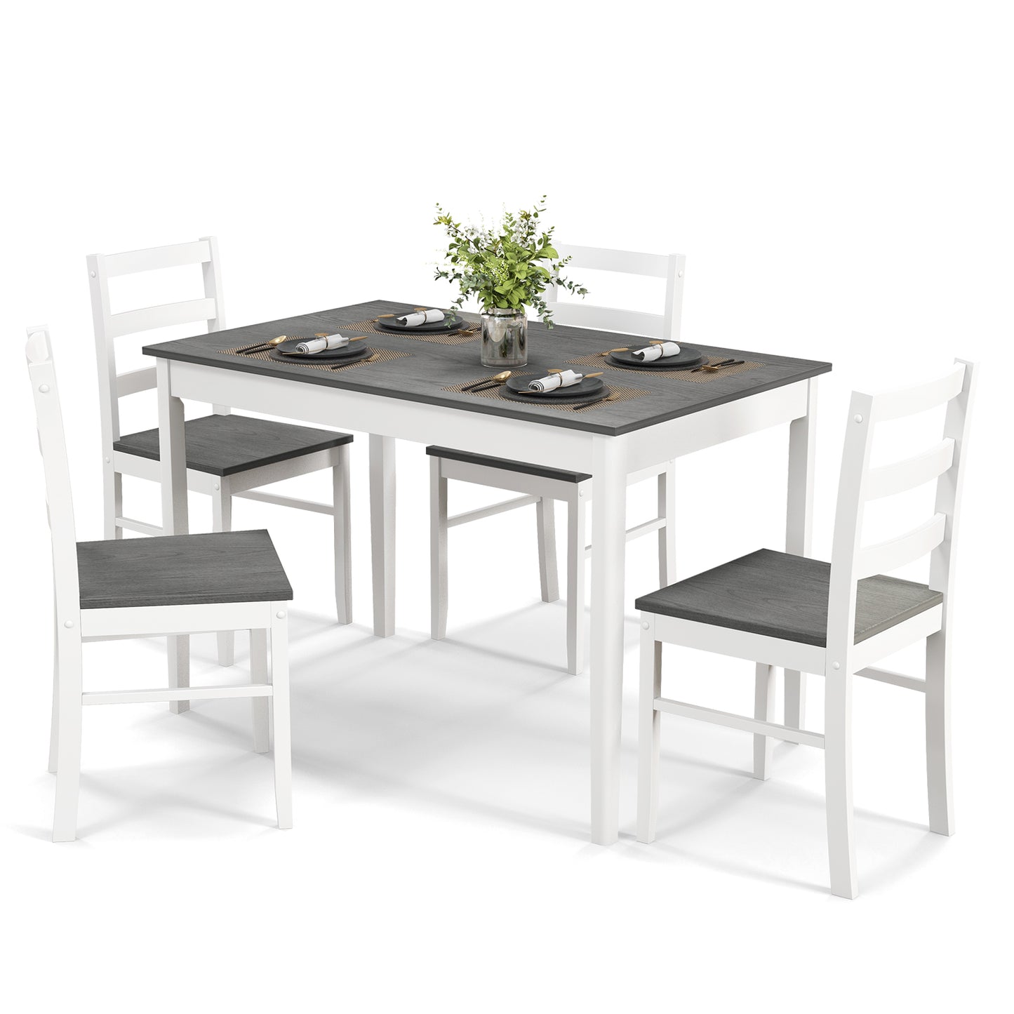 5-Piece Wooden Dining Set with Rectangular Table and 4 Chairs-Gray - Gray