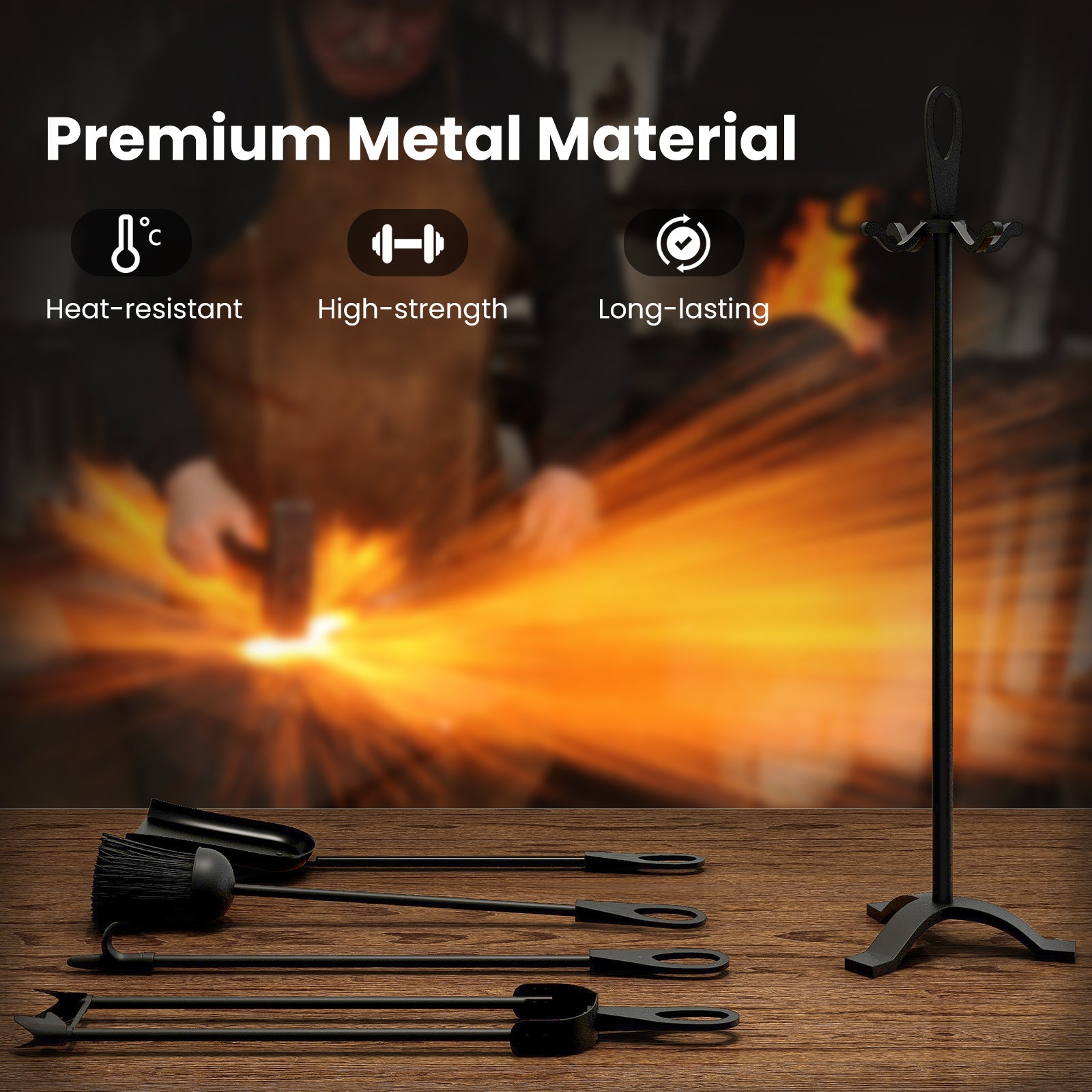 5 Pieces Fireplace Tool Set Fireplace Accessories with Poker-Black