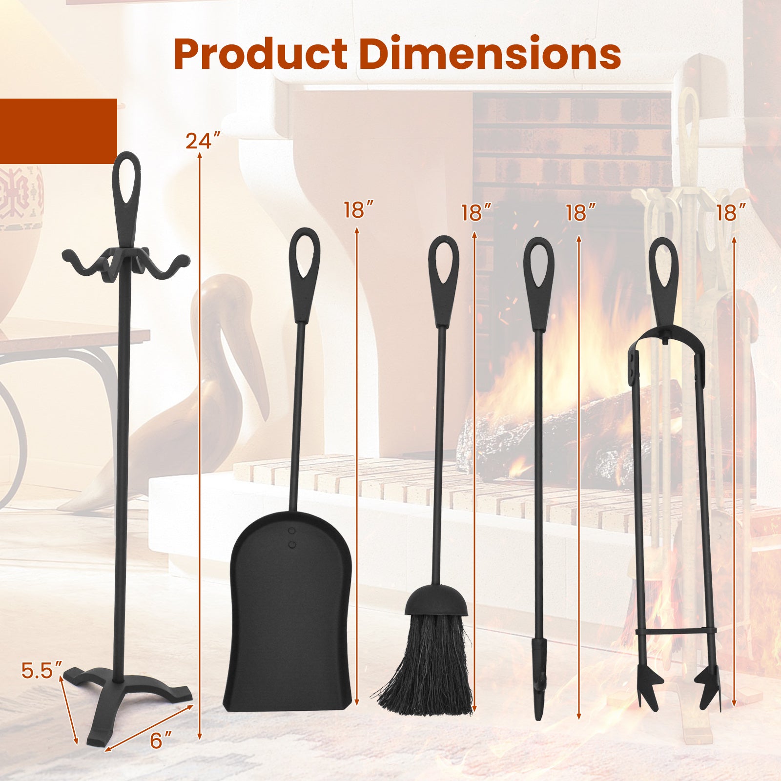 5 Pieces Fireplace Tool Set Fireplace Accessories with Poker-Black