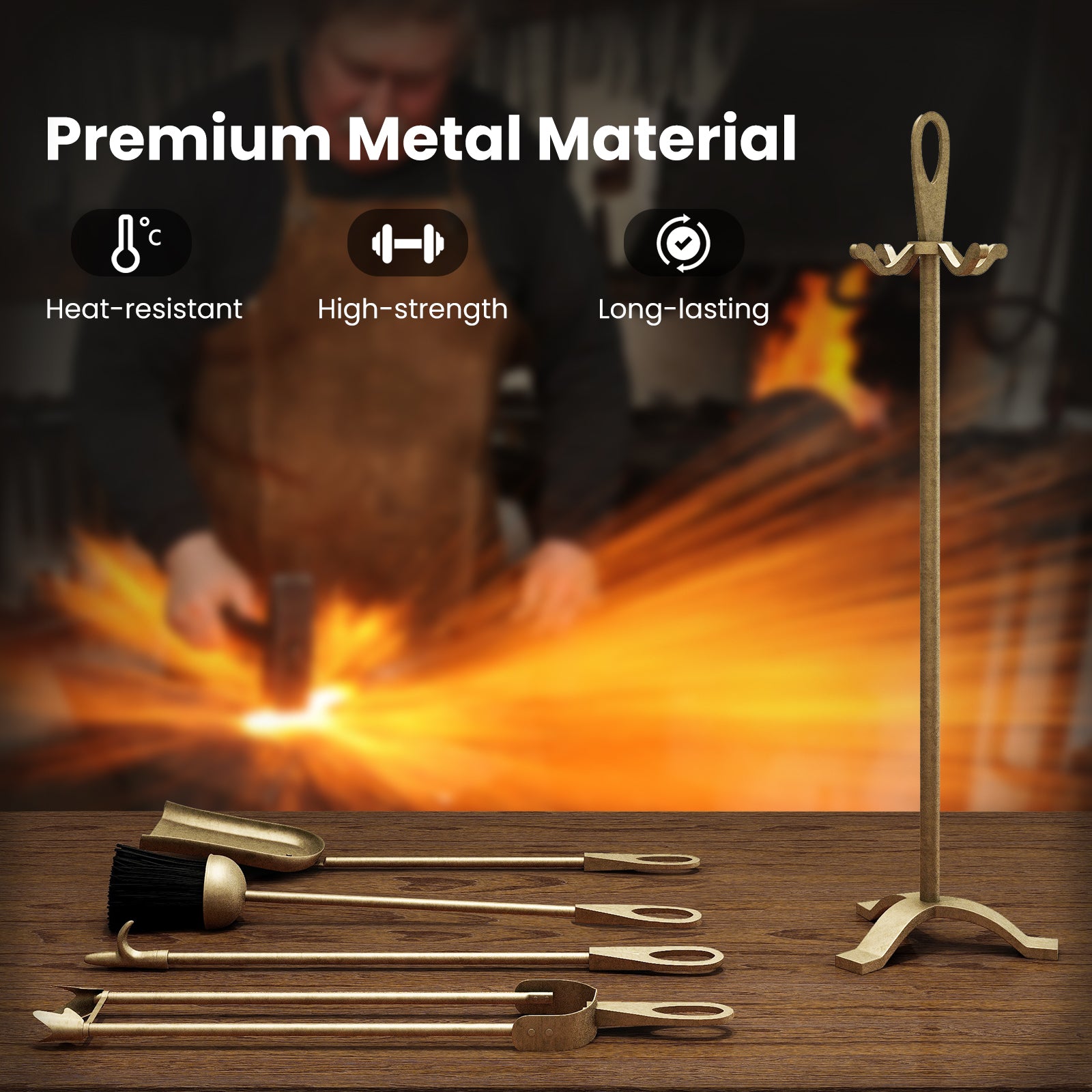5 Pieces Fireplace Tool Set Fireplace Accessories with Poker-Copper