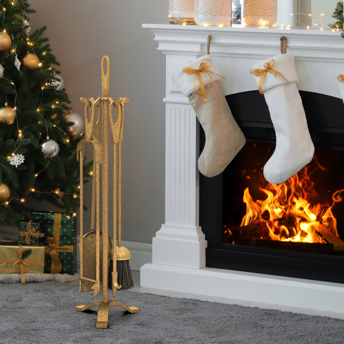 5 Pieces Fireplace Tool Set Fireplace Accessories with Poker-Copper