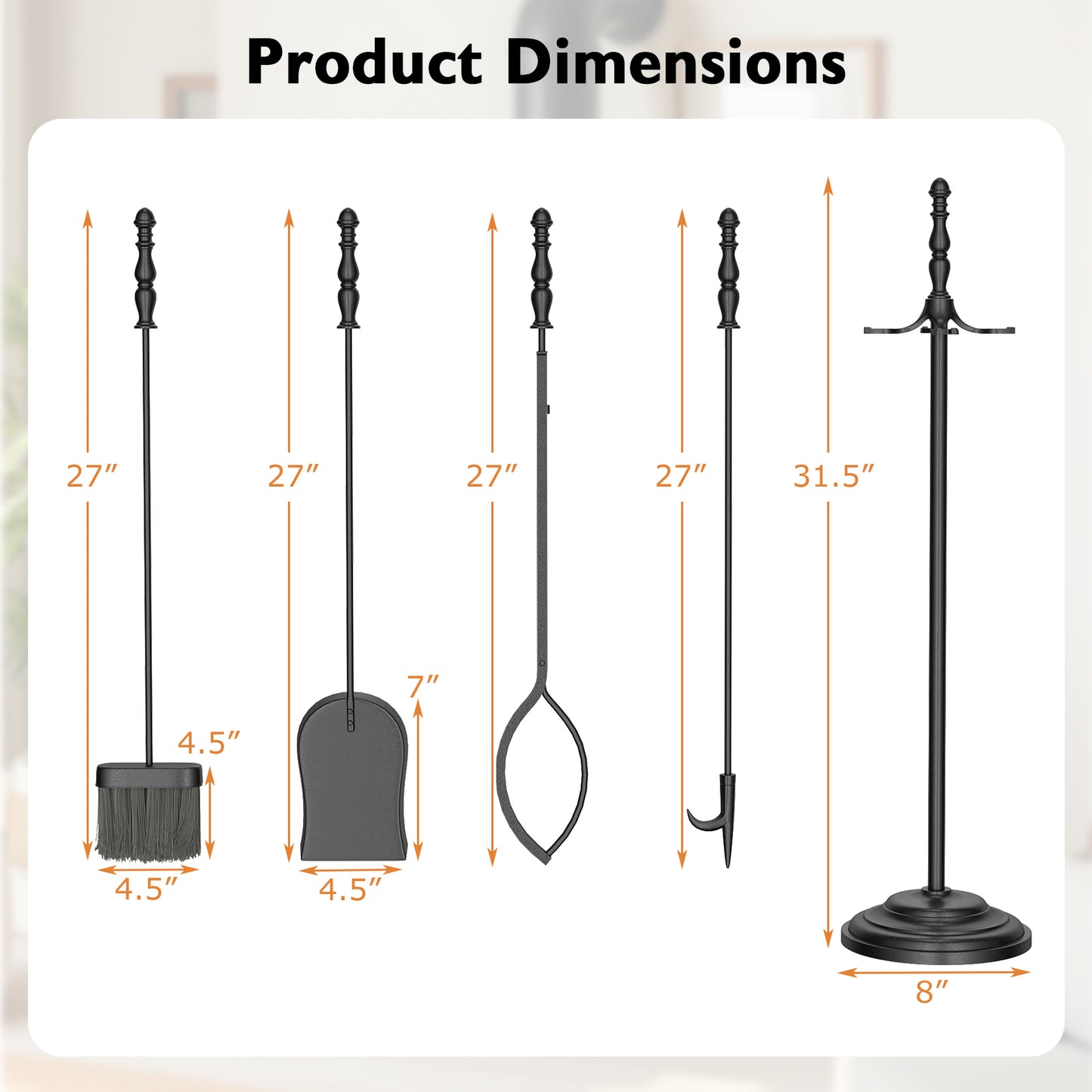 5-Pieces Fireplace Tool Set with Poker Tongs Brush Shovel and Round Stand