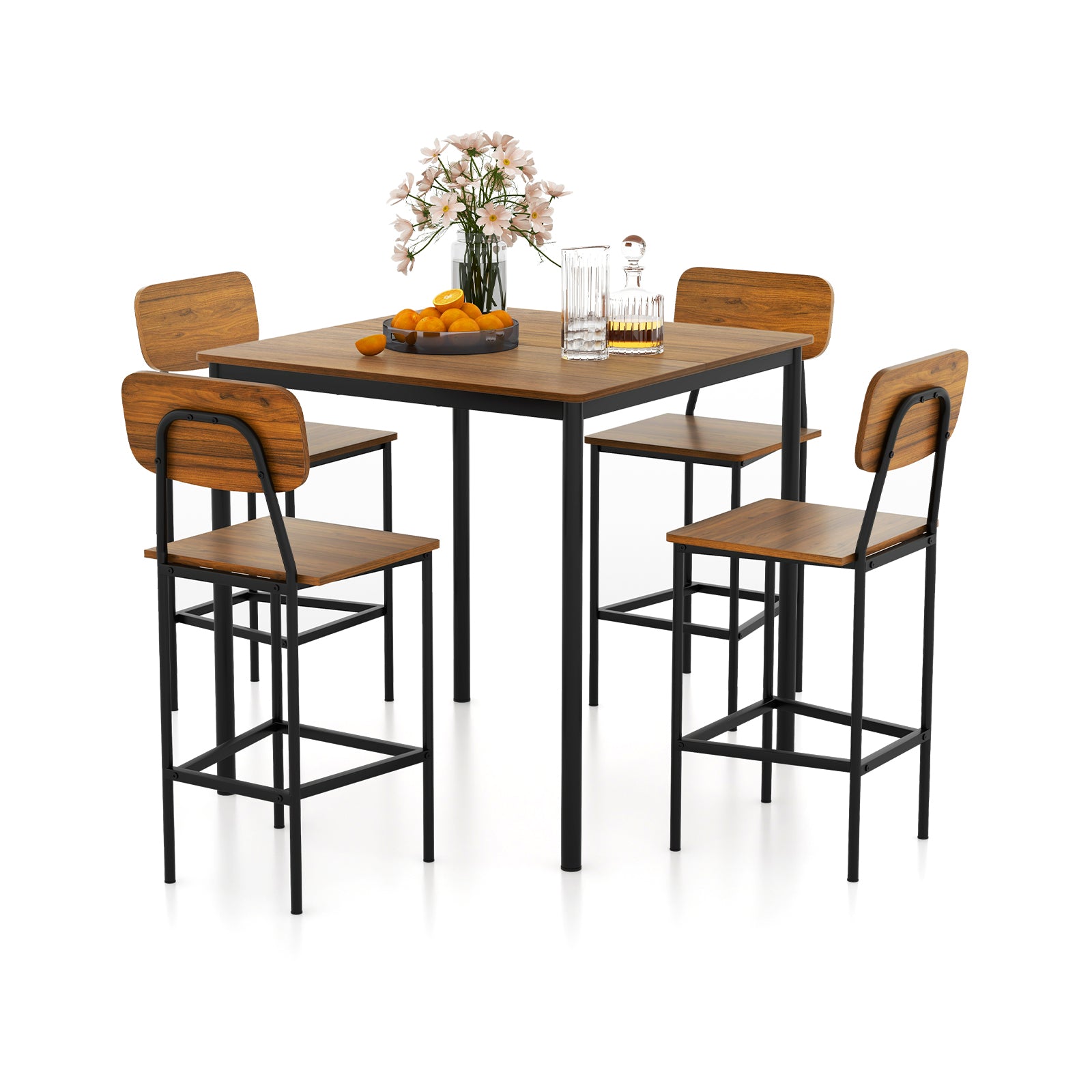 5 Pieces Industrial Dining Table Set with Counter Height Table and 4 Bar Stools-Walnut - Walnut