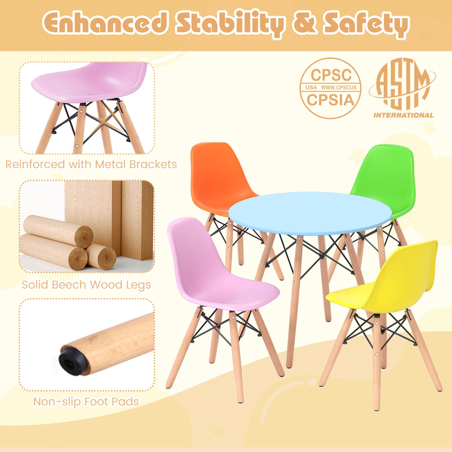 5 Pieces Kid's Colorful Set with 4 Armless Chairs-Multicolor
