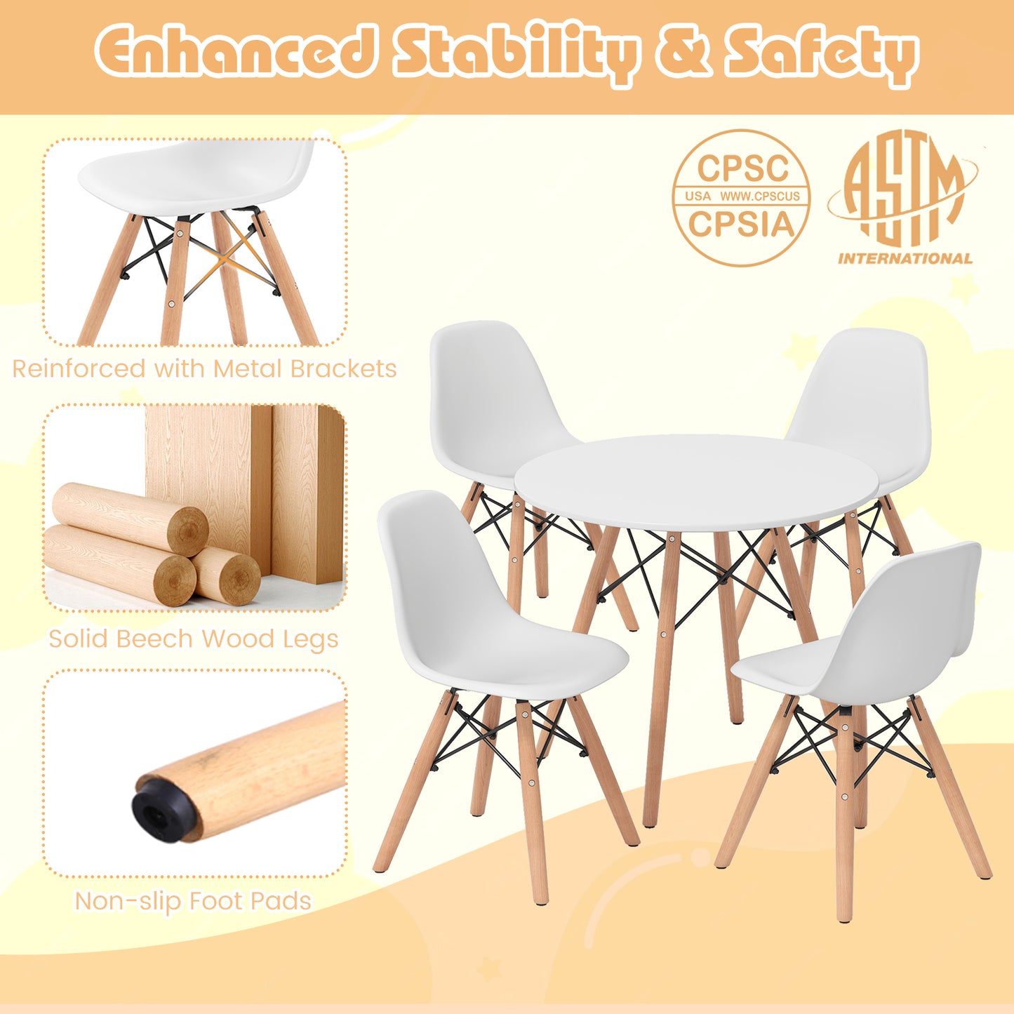 5 Pieces Kids Mid-Century Modern Table Chairs Set