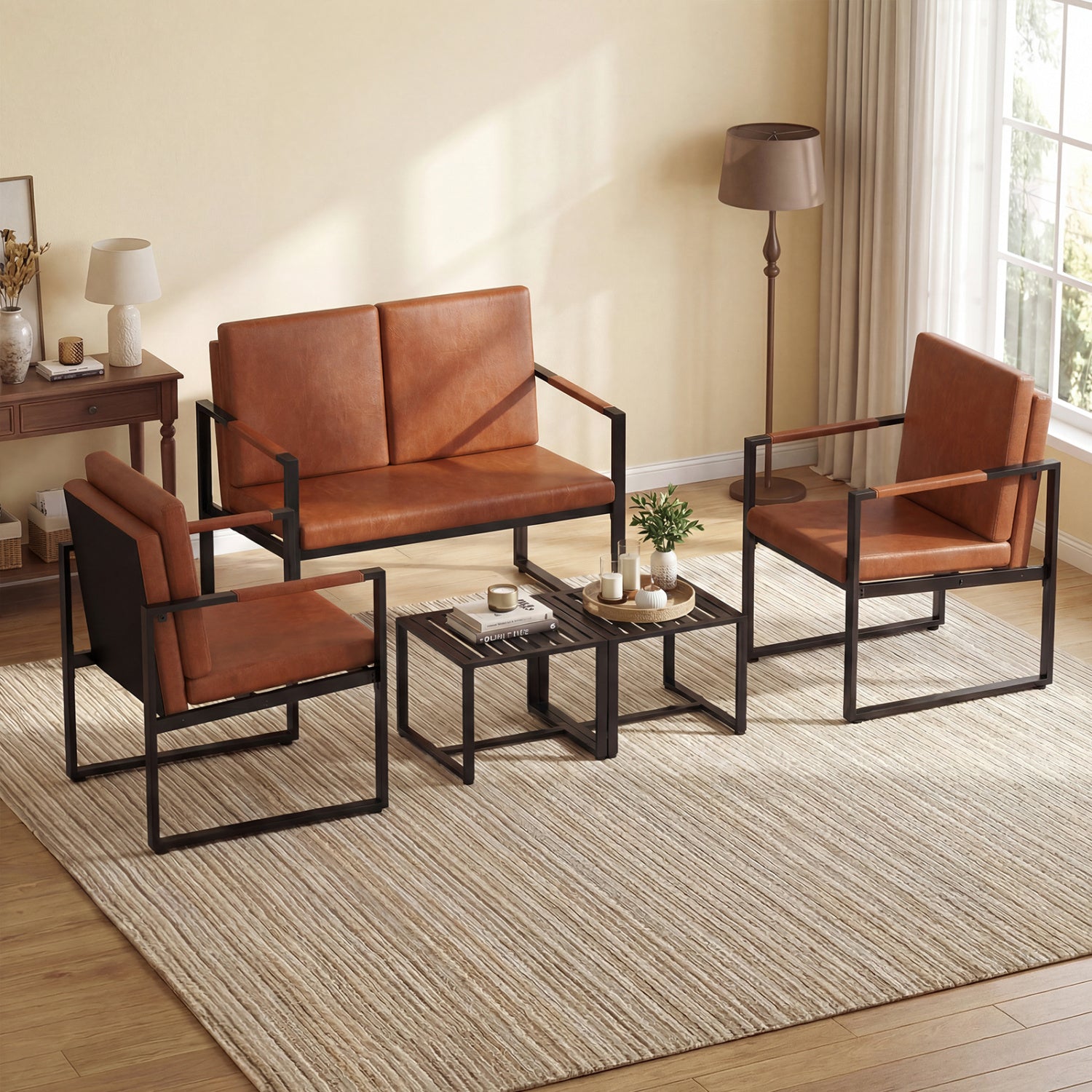Set of 2 Metal End Tables with Slatted Tabletop-Black