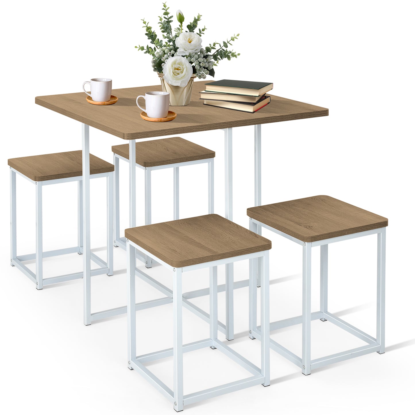 5 Pieces Metal Frame Dining Set with Compact Dining Table and 4 Stools-Natural - Natural