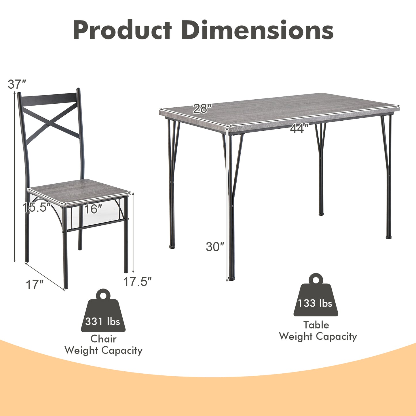 5 Pieces Dining Table Set with Metal Frame for Kitchen Dining Room-Gray
