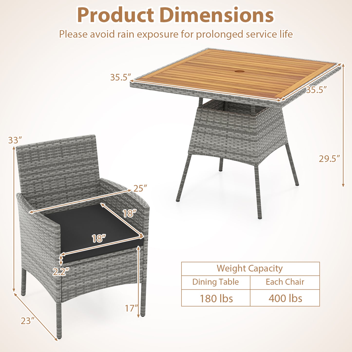 5 Pieces PE Wicker Patio Dining Set Outdoor Acacia Wood Table and Chairs-Black