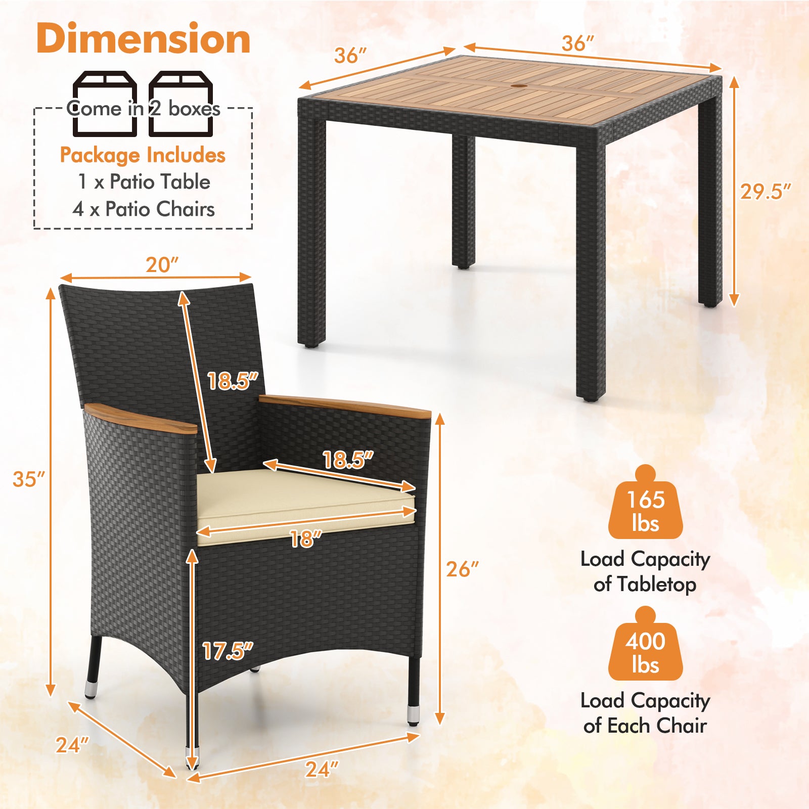 5 Pieces Patio Dining Table Set for 4 with Umbrella Hole-Brown