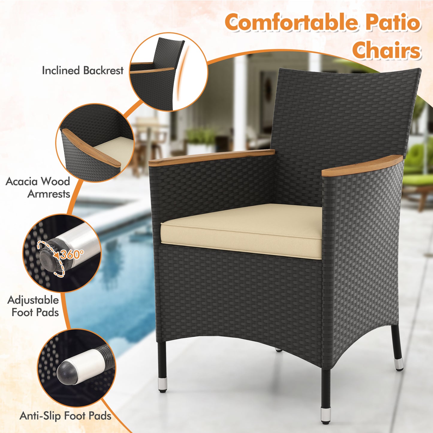 5 Pieces Patio Dining Table Set for 4 with Umbrella Hole-Brown