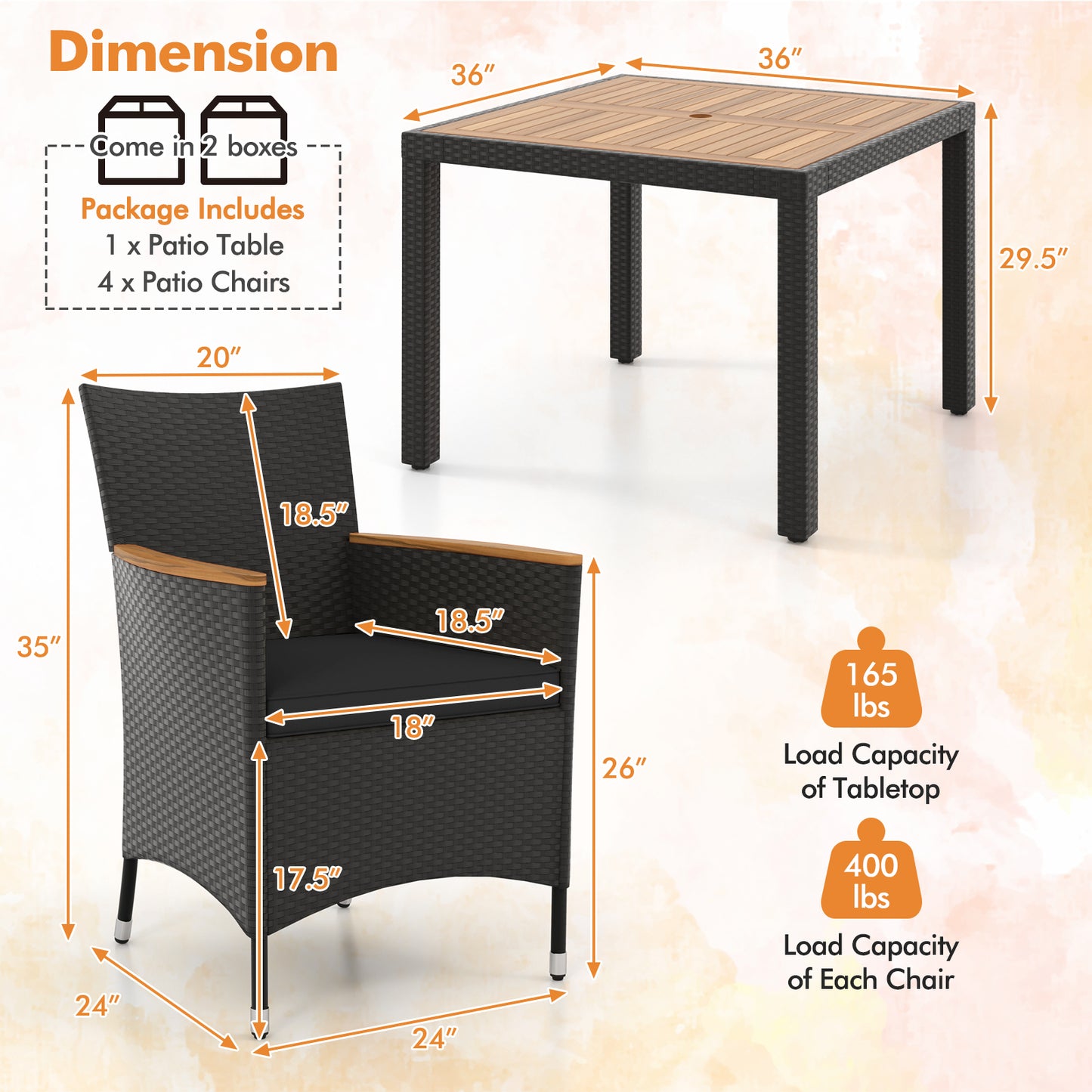 5 Pieces Patio Dining Table Set for 4 with Umbrella Hole-Black