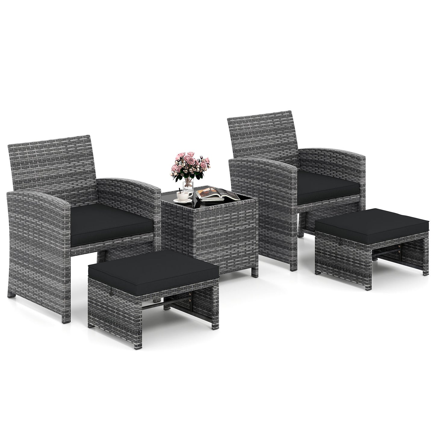 5 Pieces Patio Furniture Set PE Wicker Outdoor Lounge Chairs with 2 Ottomans-Black