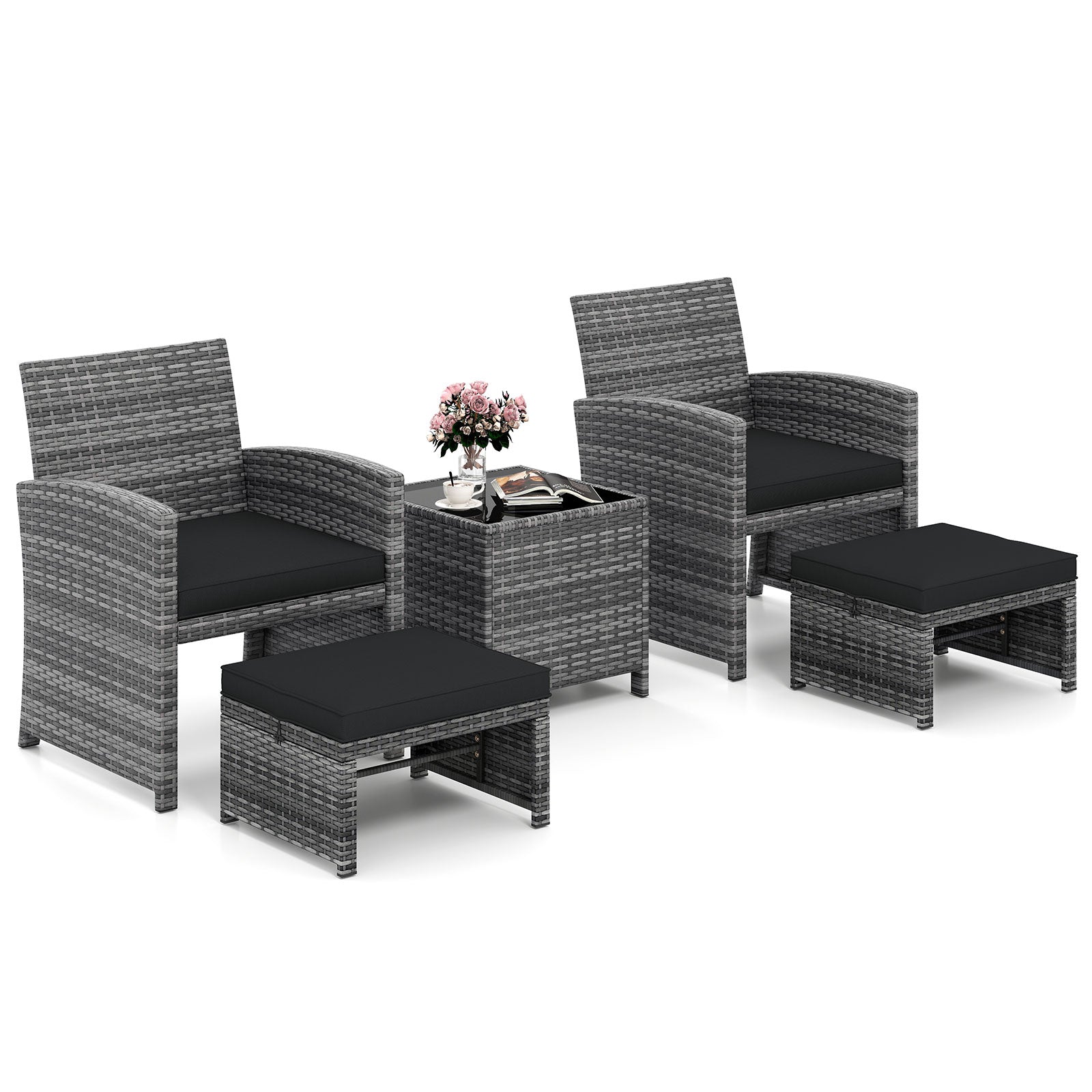 5 Pieces Patio Furniture Set PE Wicker Outdoor Lounge Chairs with 2 Ottomans-Black