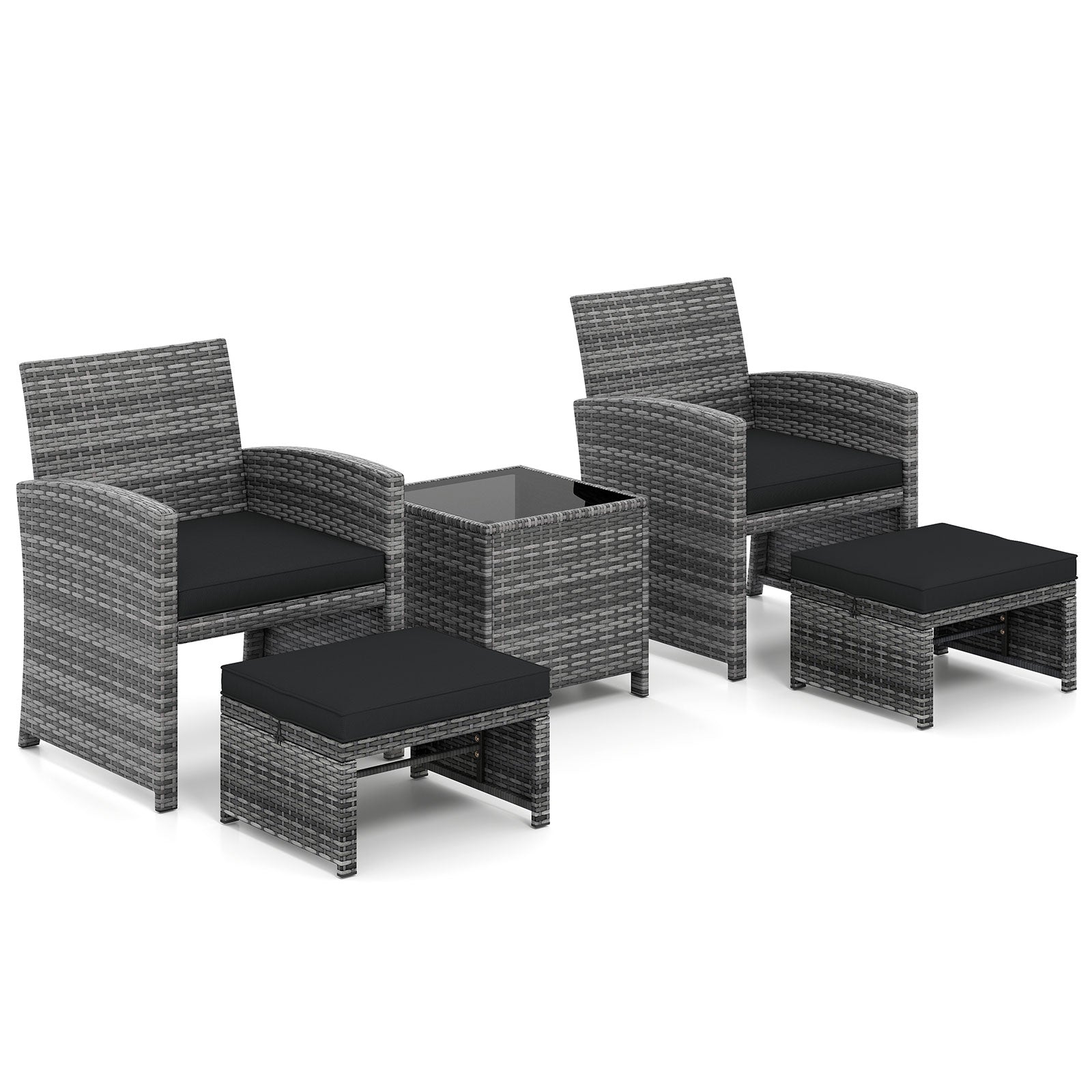 5 Pieces Patio Furniture Set PE Wicker Outdoor Lounge Chairs with 2 Ottomans-Black