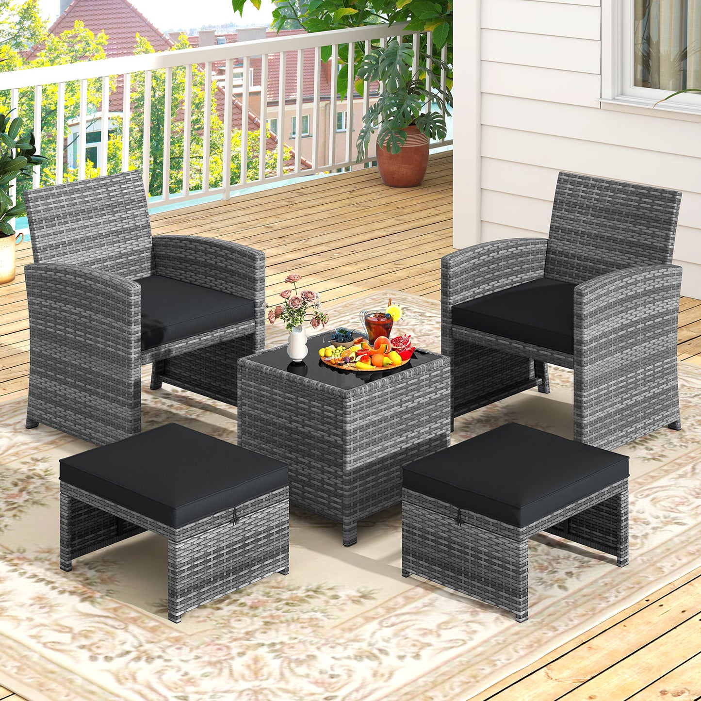 5 Pieces Patio Furniture Set PE Wicker Outdoor Lounge Chairs with 2 Ottomans-Black