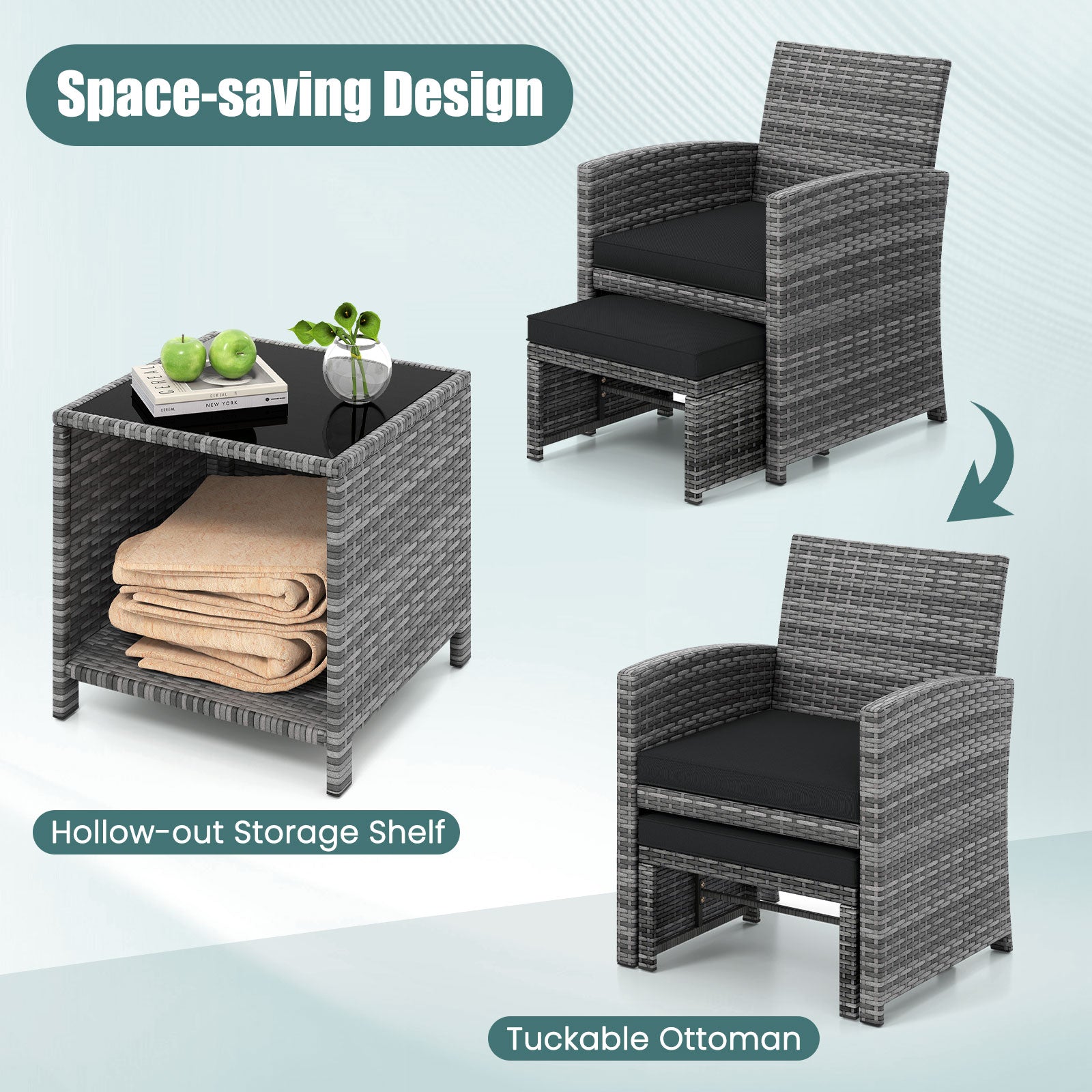 5 Pieces Patio Furniture Set PE Wicker Outdoor Lounge Chairs with 2 Ottomans-Black