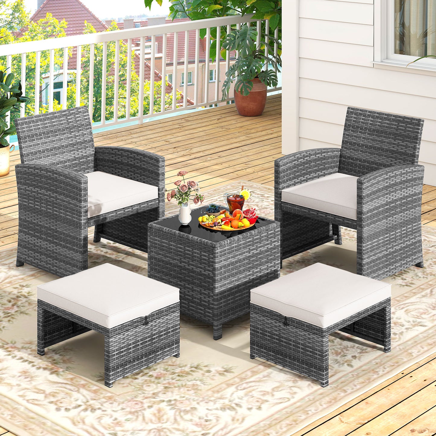5 Pieces Patio Furniture Set PE Wicker Outdoor Lounge Chairs with 2 Ottomans-White