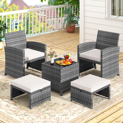 5 Pieces Patio Furniture Set PE Wicker Outdoor Lounge Chairs with 2 Ottomans-White
