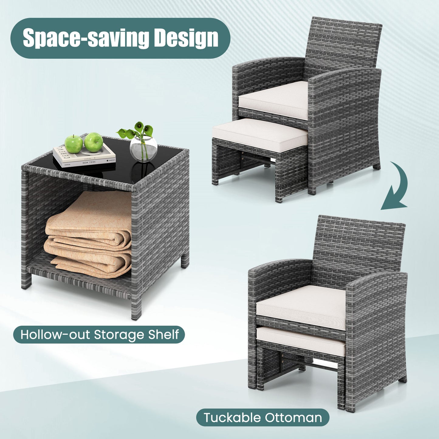 5 Pieces Patio Furniture Set PE Wicker Outdoor Lounge Chairs with 2 Ottomans-White