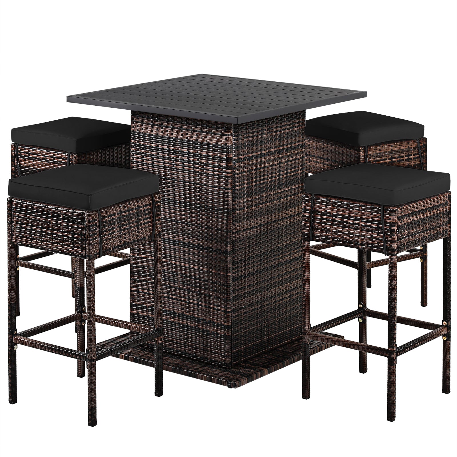 5 Pieces Patio Rattan Bar Table Stool Set Hidden Storage Shelf Cushioned-White - Black