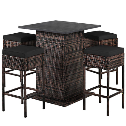 5 Pieces Patio Rattan Bar Table Stool Set Hidden Storage Shelf Cushioned-White - Black