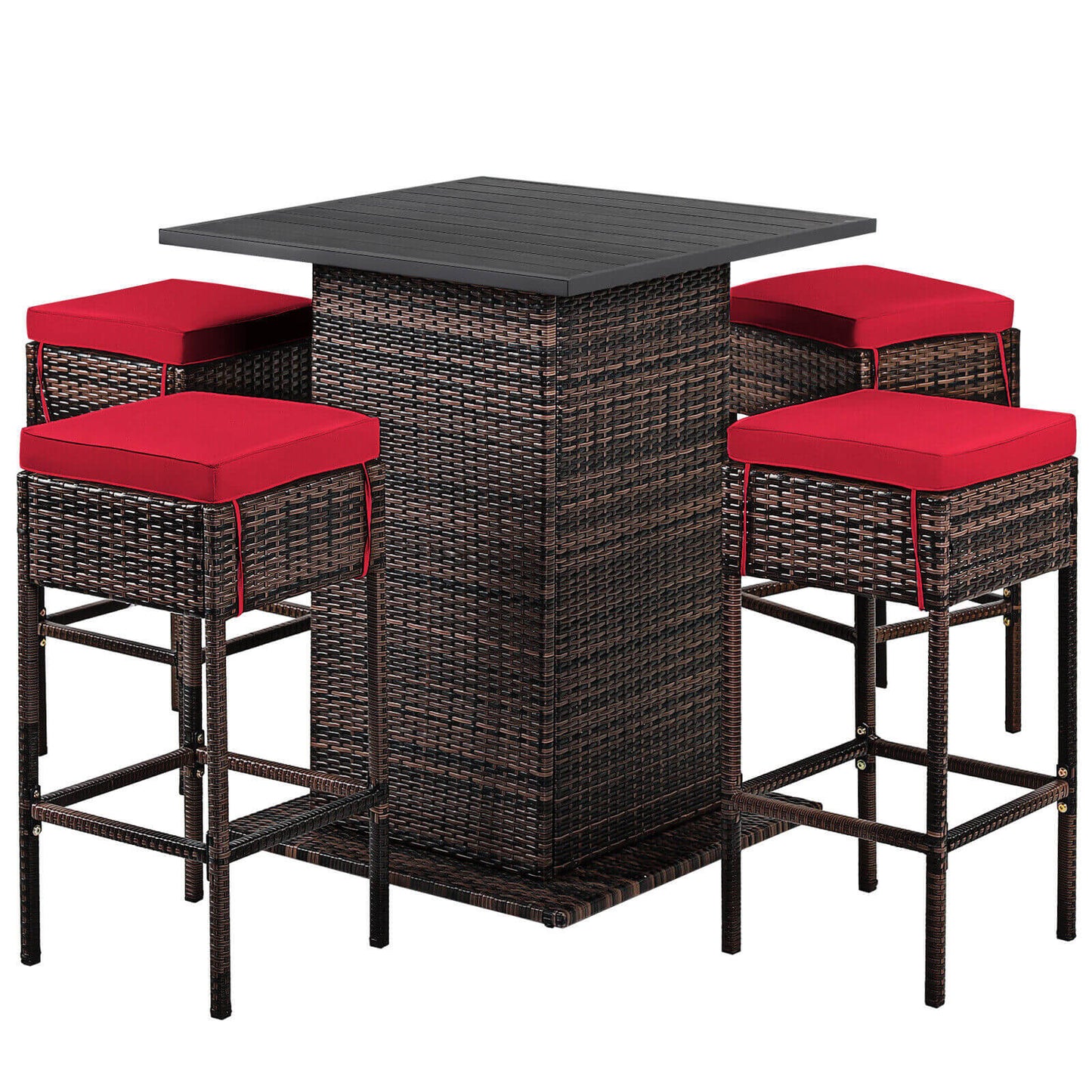 5 Pieces Patio Rattan Bar Table Stool Set Hidden Storage Shelf Cushioned-White - Red