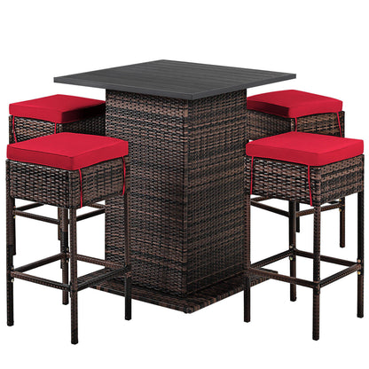 5 Pieces Patio Rattan Bar Table Stool Set Hidden Storage Shelf Cushioned-White - Red