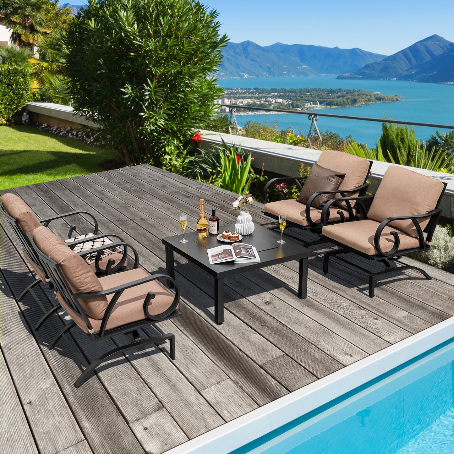 5 Pieces Patio Rocking Chairs and 4-in-1 Fire Pit Table with Fire Poker