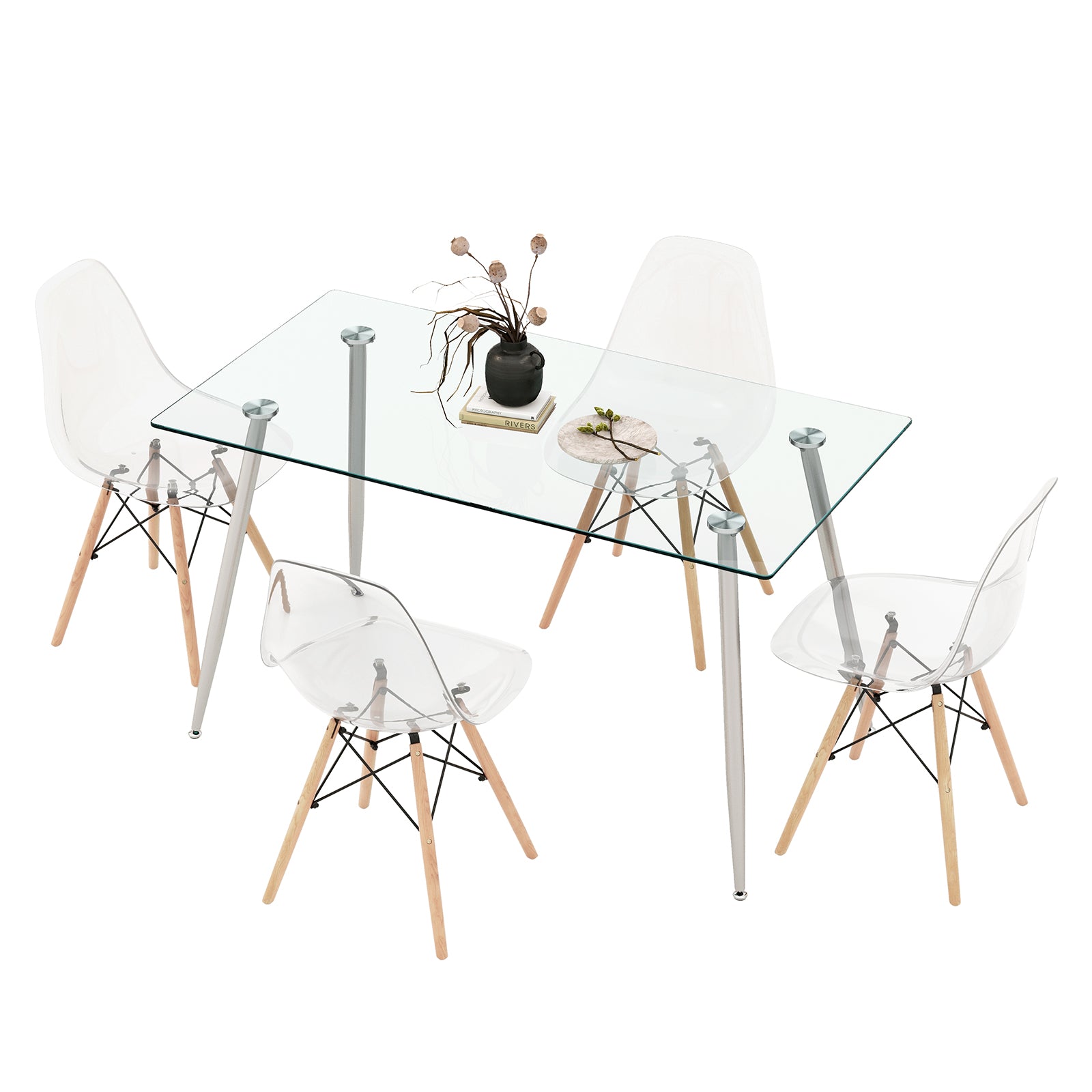 5 Pieces Rectangle Dining Table Set with 51 Inch Glass Tabletop-Transparent - Gray