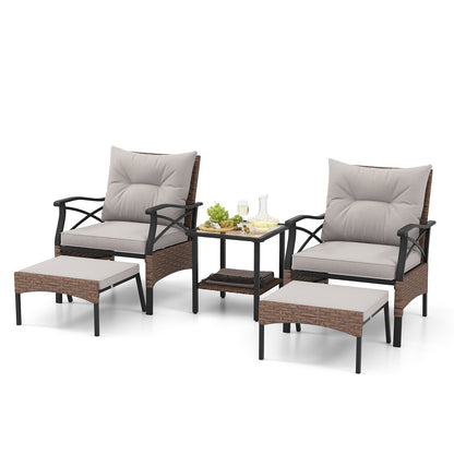 5 Pieces Wicker Patio Furniture Set Ottomans and Cushions and 2-Tier Tempered Glass Side Table-Brown